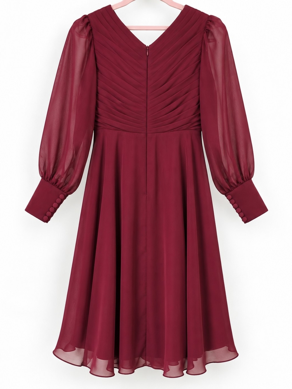 JJ's House Burgundy Chiffon Pleated Bishop Sleeve Midi Dress Approx L - Picture 3 of 11